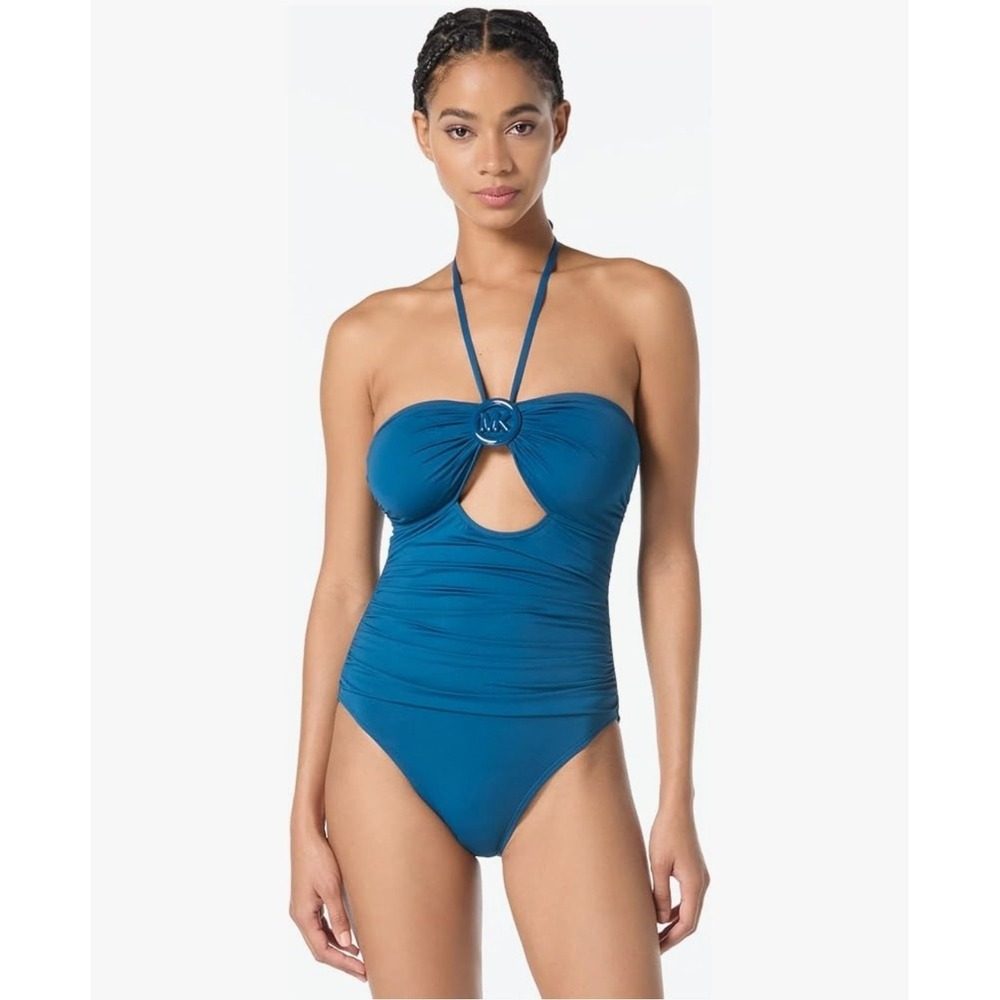 Michael Kors Women's Bubble Logo Bandeau One Piece Swimsuit River Blue Sz 8 NEW!
